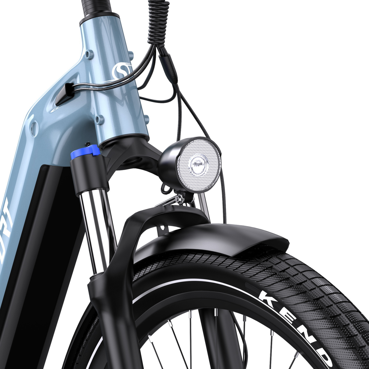 OneSport WT05 close-up of headlight, fork, mudguard and front tyre with the text KENDA