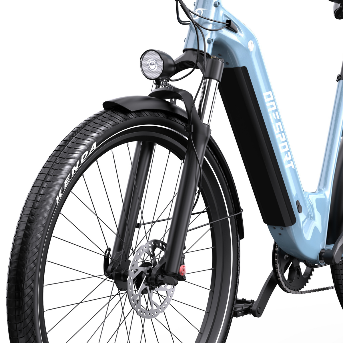 OneSport WT05, close-up of front wheel with disc brake, fork, headlight and mudguard plus light blue frame