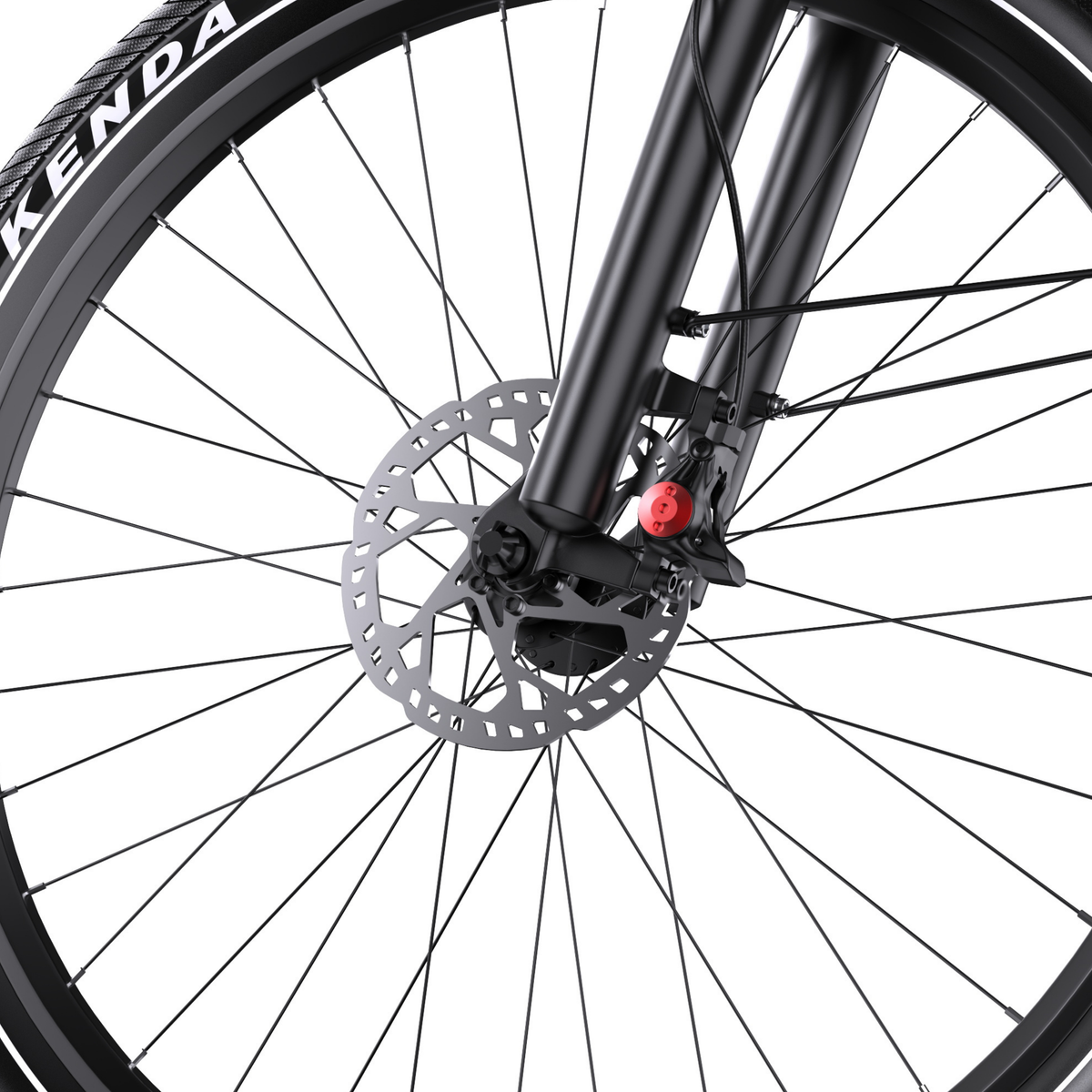 OneSport WT05, close-up of front wheel disc brake, caliper, spokes and Kenda tyre