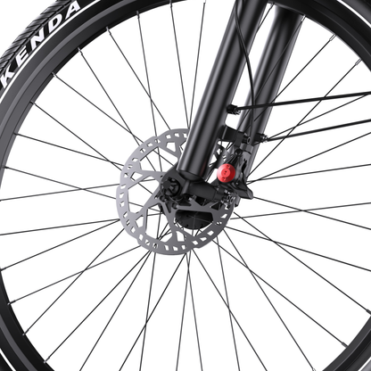 OneSport WT05, close-up of front wheel disc brake, caliper, spokes and Kenda tyre