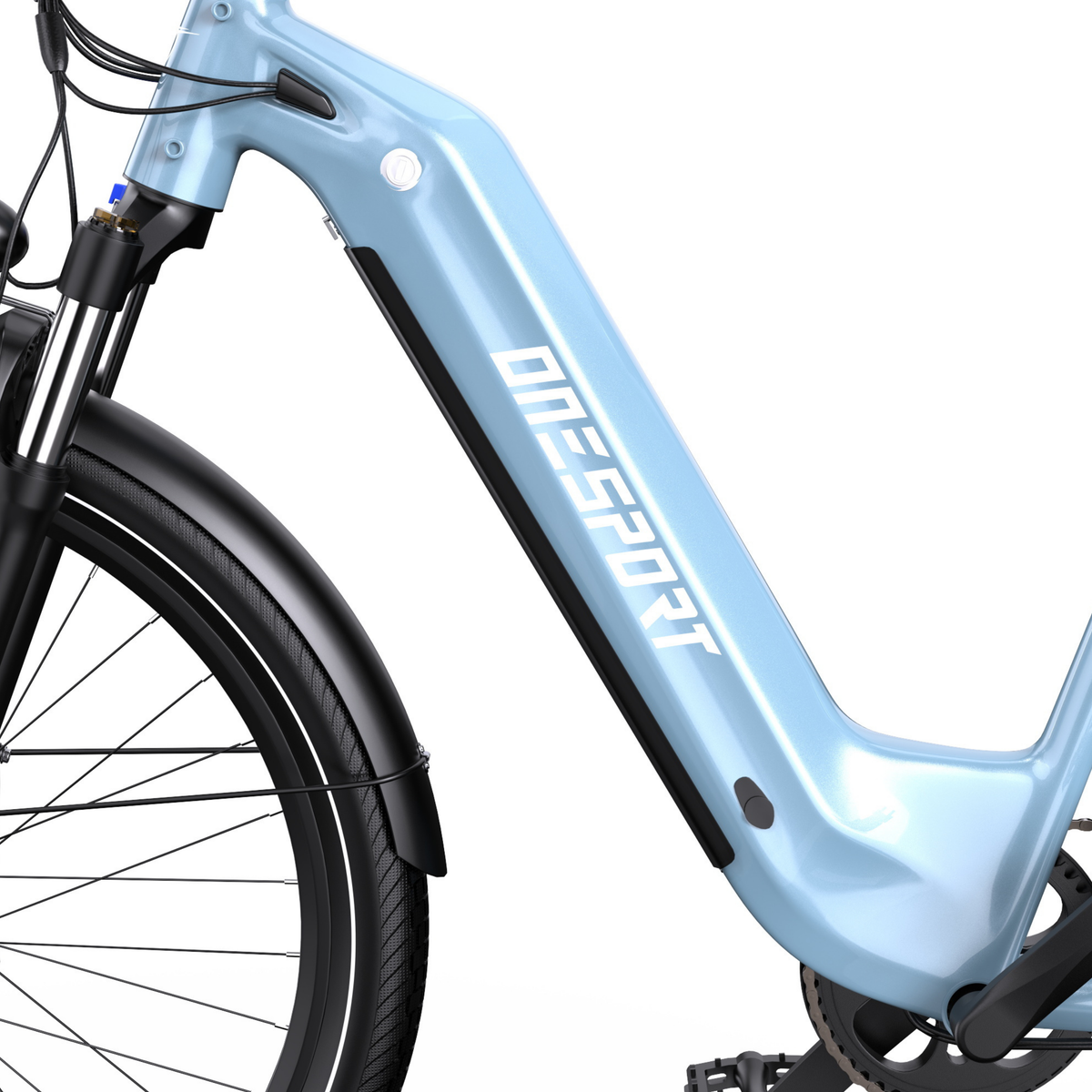OneSport WT05, side view of light blue frame with OneSport text, black panel, front mudguard and chainring