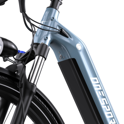 OneSport WT05, close-up of upper frame with cables, headlight, suspension fork and black panel