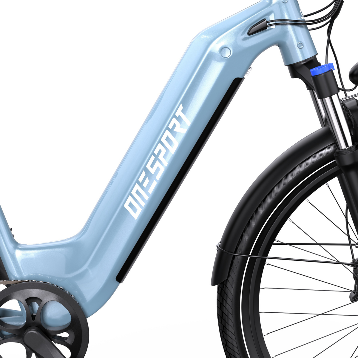 OneSport WT05, close-up of light blue frame with ONESPORT logo, front fork and black mudguard