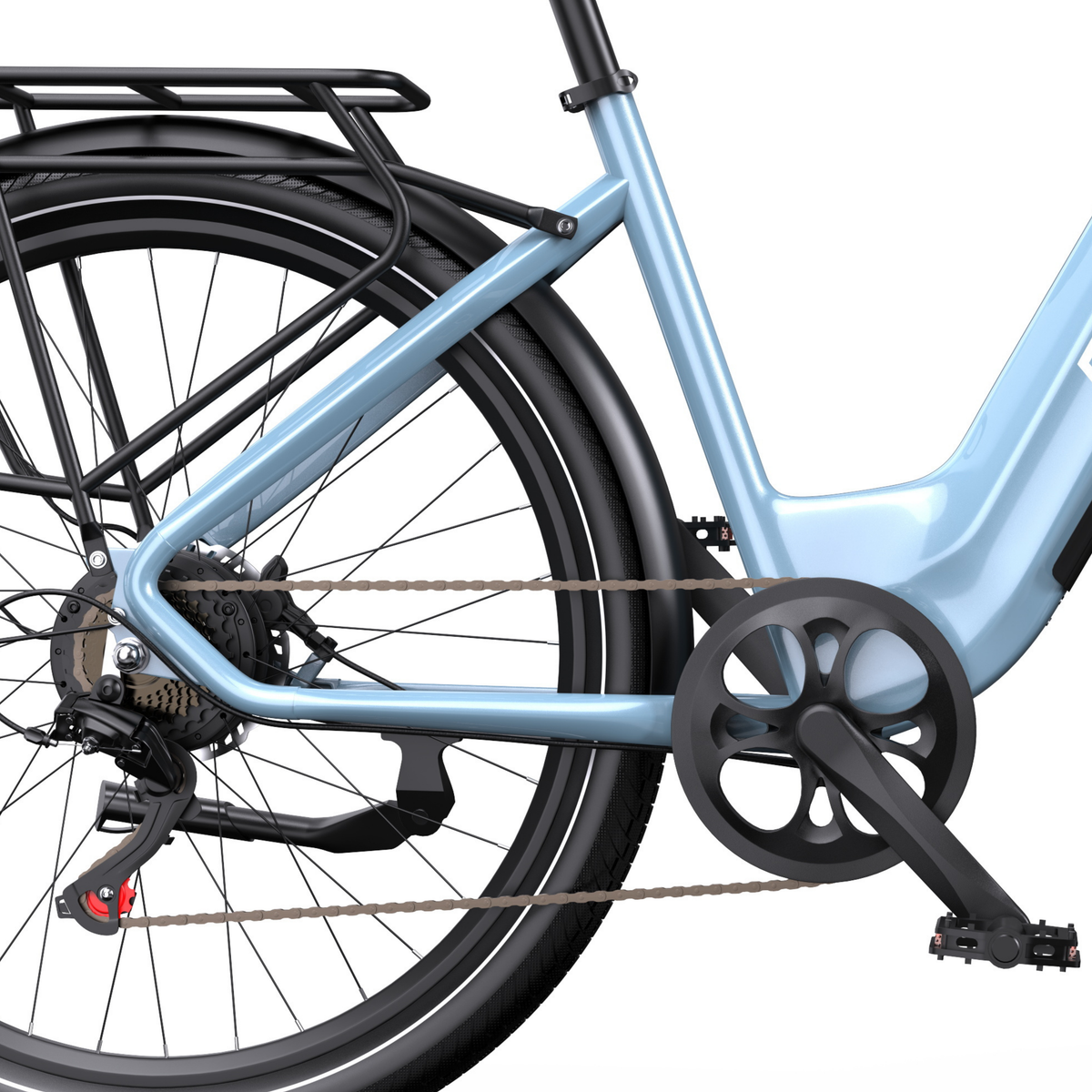 OneSport WT05, side view of rear frame with rear rack, rear wheel, chain, crank arm and pedal