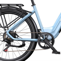 OneSport WT05, side view of rear frame with rear rack, rear wheel, chain, crank arm and pedal