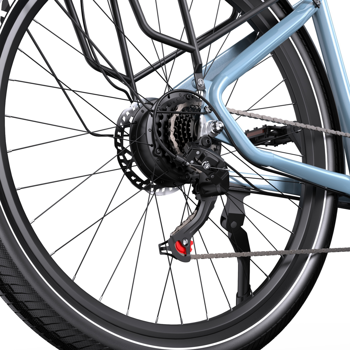 OneSport WT05, close-up of rear wheel hub with cassette, gear shifter, brake disc and rear rack
