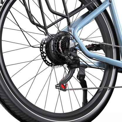 OneSport WT05, close-up of rear wheel hub with cassette, gear shifter, brake disc and rear rack