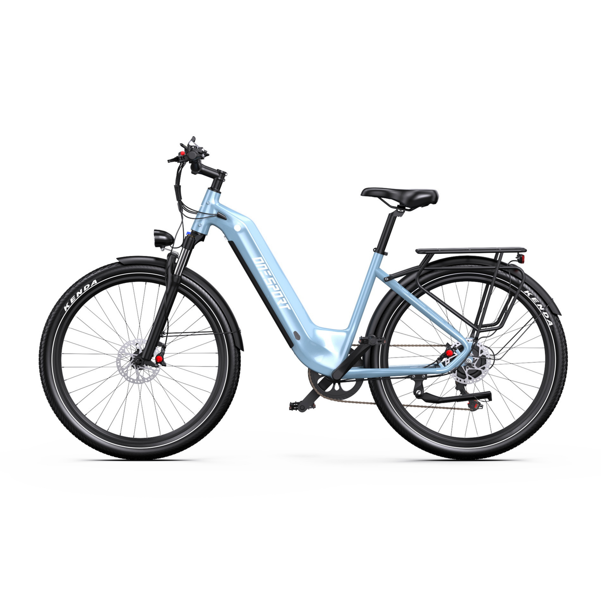OneSport WT05 e-bike in light blue, seen straight from the side with a low step-through frame and rear rack