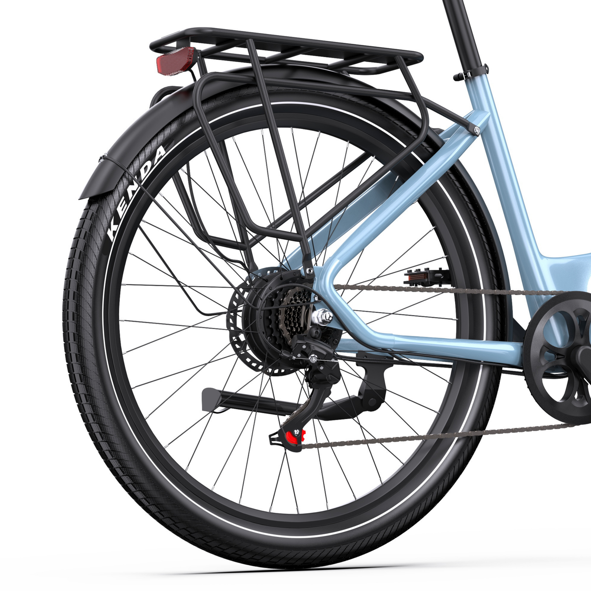 OneSport WT05, rear wheel with Kenda tyre, rear rack with red tail light, mudguard and chain