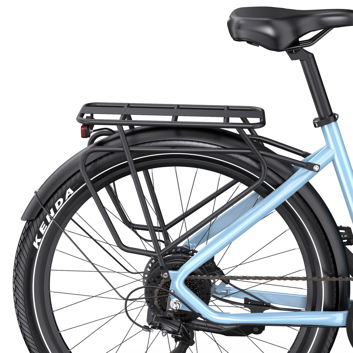OneSport WT05 rear section with black rear rack, mudguard, Kenda tyre, saddle and light blue frame