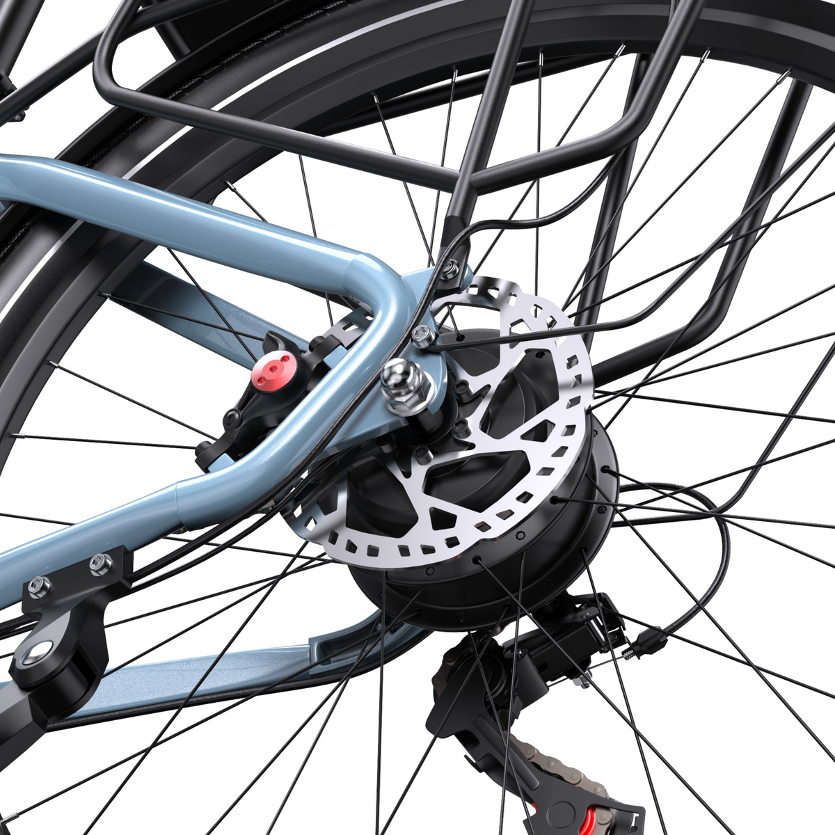 Close-up of rear wheel hub with brake disc and caliper on the OneSport WT05