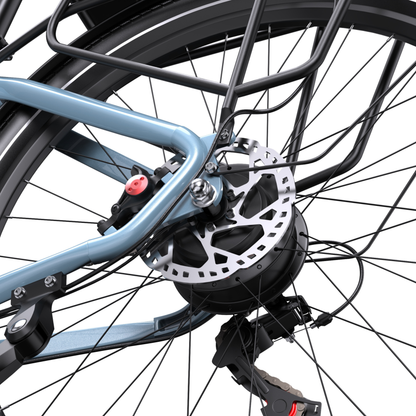 Close-up of rear wheel hub with brake disc and caliper on the OneSport WT05