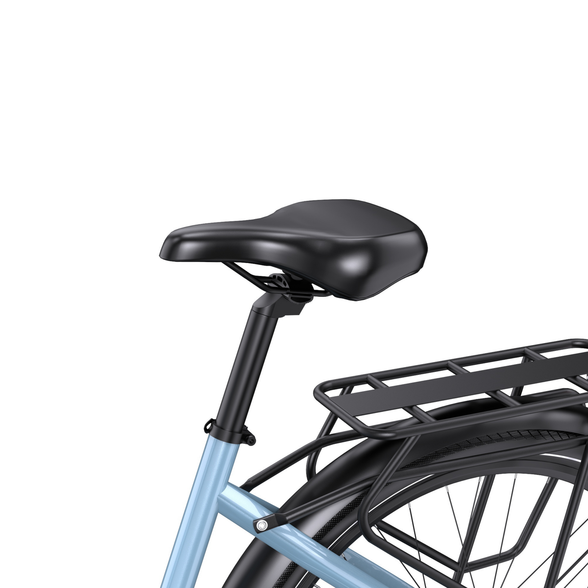 Close-up of black saddle and seat post on the OneSport WT05 with light blue frame