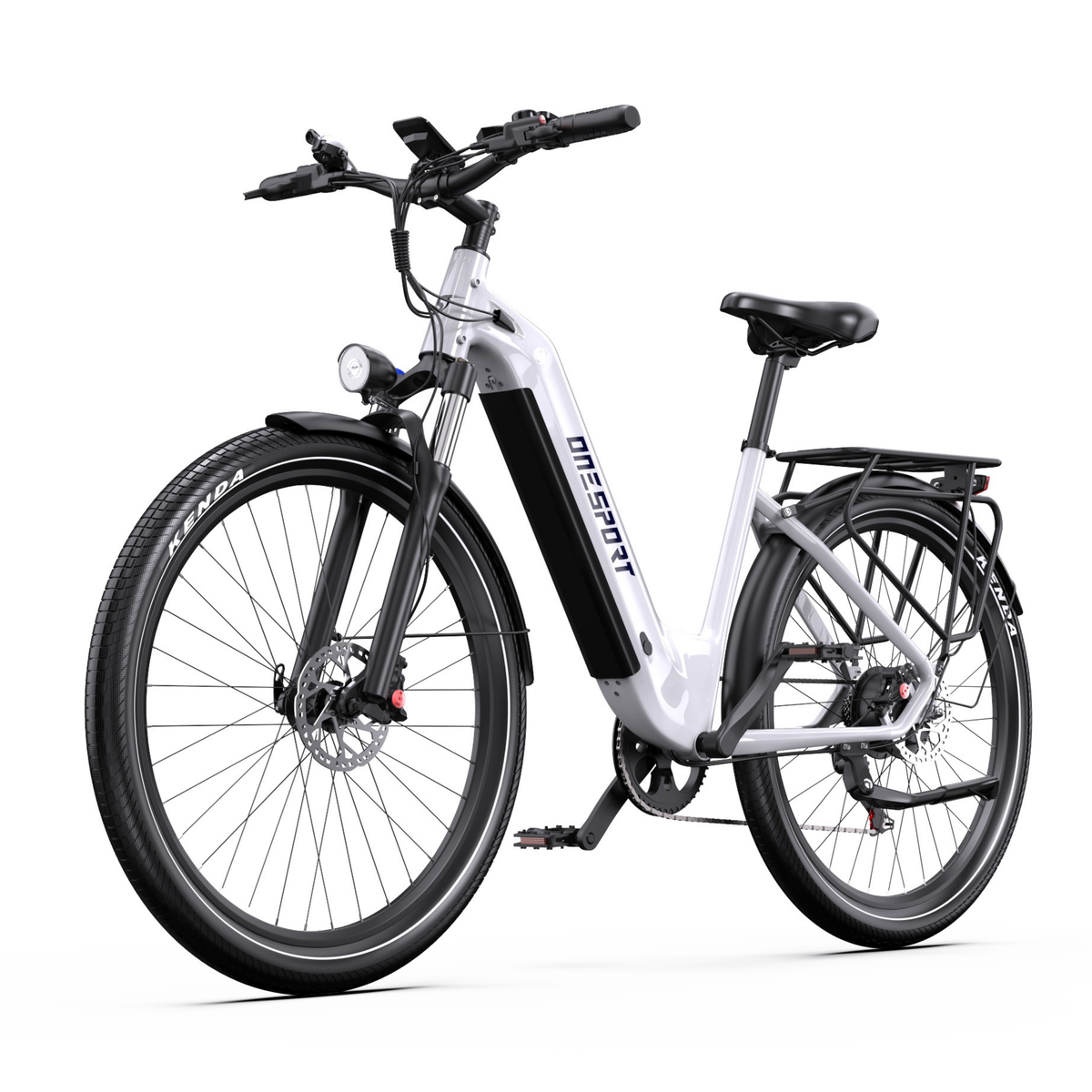 OneSport WT05 white e-bike, front three-quarter view with front light, front fork and rear rack
