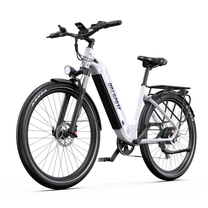 OneSport WT05 white e-bike, front three-quarter view with front light, front fork and rear rack