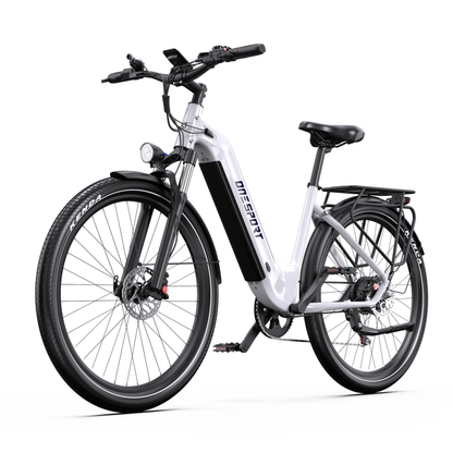 OneSport WT05 white e-bike, front three-quarter view with front light, front fork and rear rack