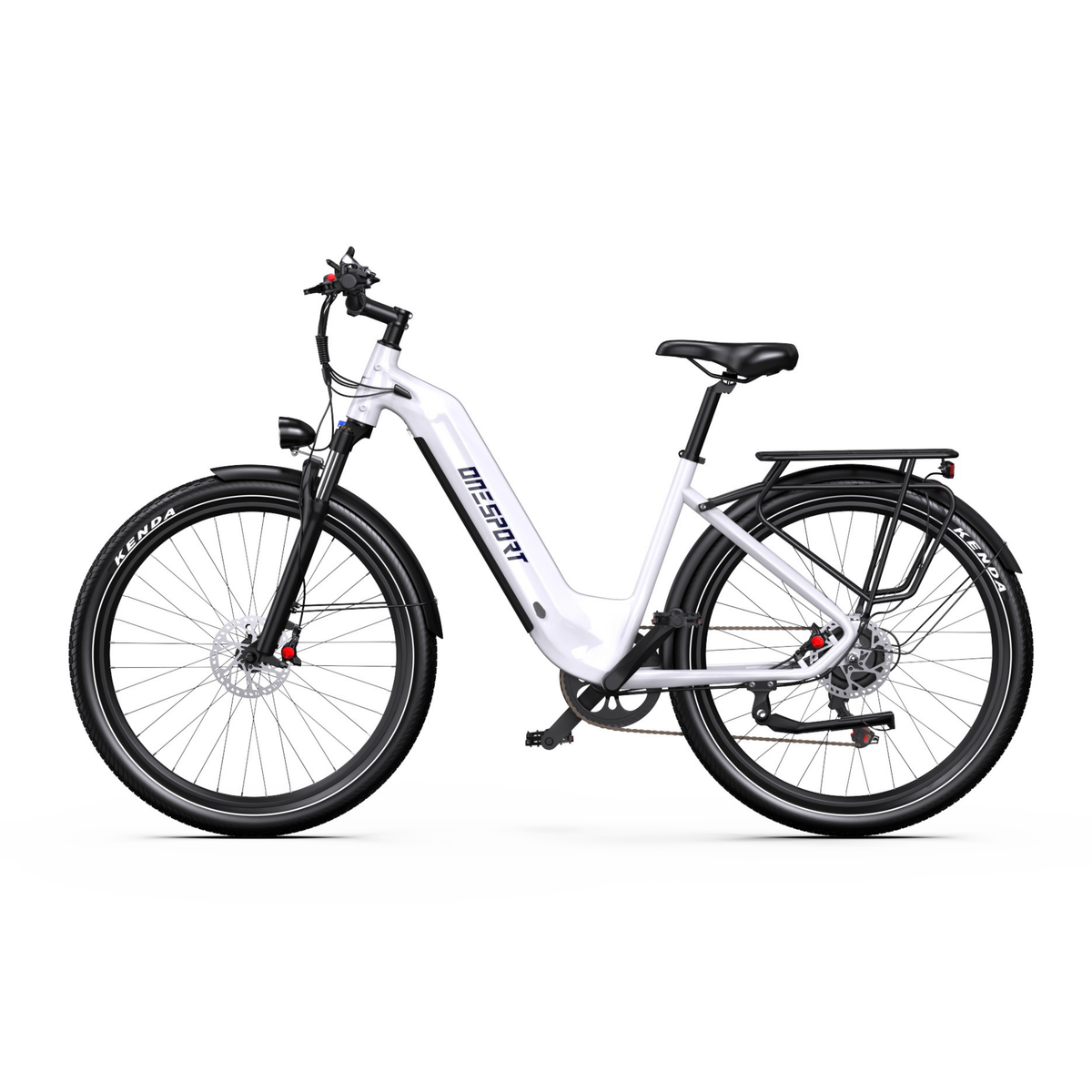OneSport WT05 white e-bike, seen straight from the side with a low step, mudguards and rear rack