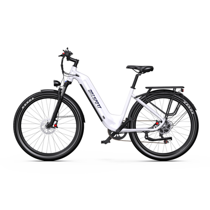 OneSport WT05 white e-bike, seen straight from the side with a low step, mudguards and rear rack