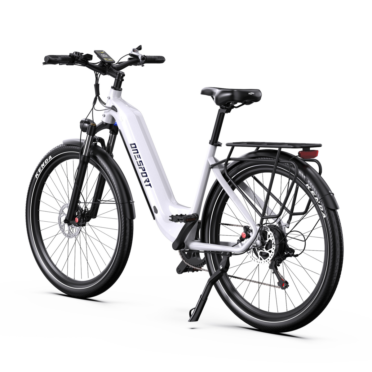 OneSport WT05 white e-bike, rear three-quarter view with handlebar display, rear rack, rear light and kickstand