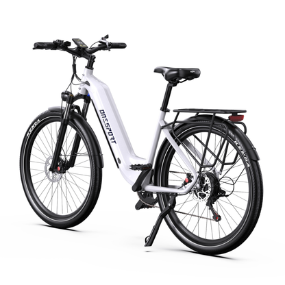 OneSport WT05 white e-bike, rear three-quarter view with handlebar display, rear rack, rear light and kickstand