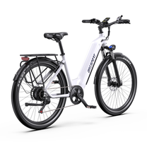 OneSport WT05 white e-bike, rear three-quarter view from the right with display, saddle, rear rack and chain