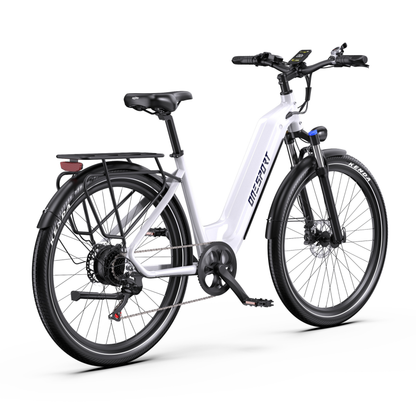 OneSport WT05 white e-bike, rear three-quarter view from the right with display, saddle, rear rack and chain