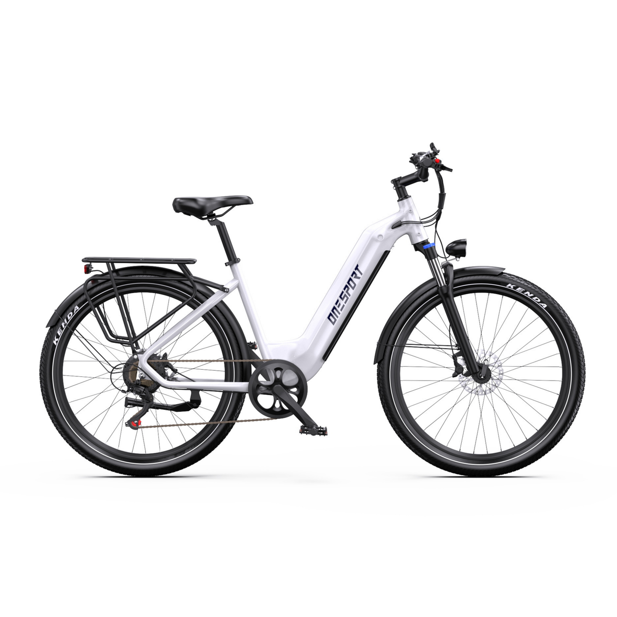 OneSport WT05 white e-bike, side view with rear rack, mudguards and front disc brake