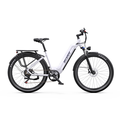OneSport WT05 white e-bike, side view with rear rack, mudguards and front disc brake
