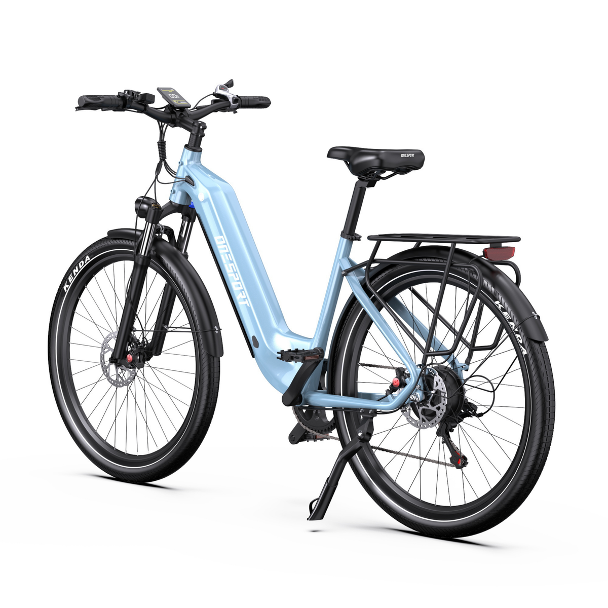 OneSport WT05 e-bike in light blue, seen from the rear at an angle with display on the handlebar, rear rack and stand