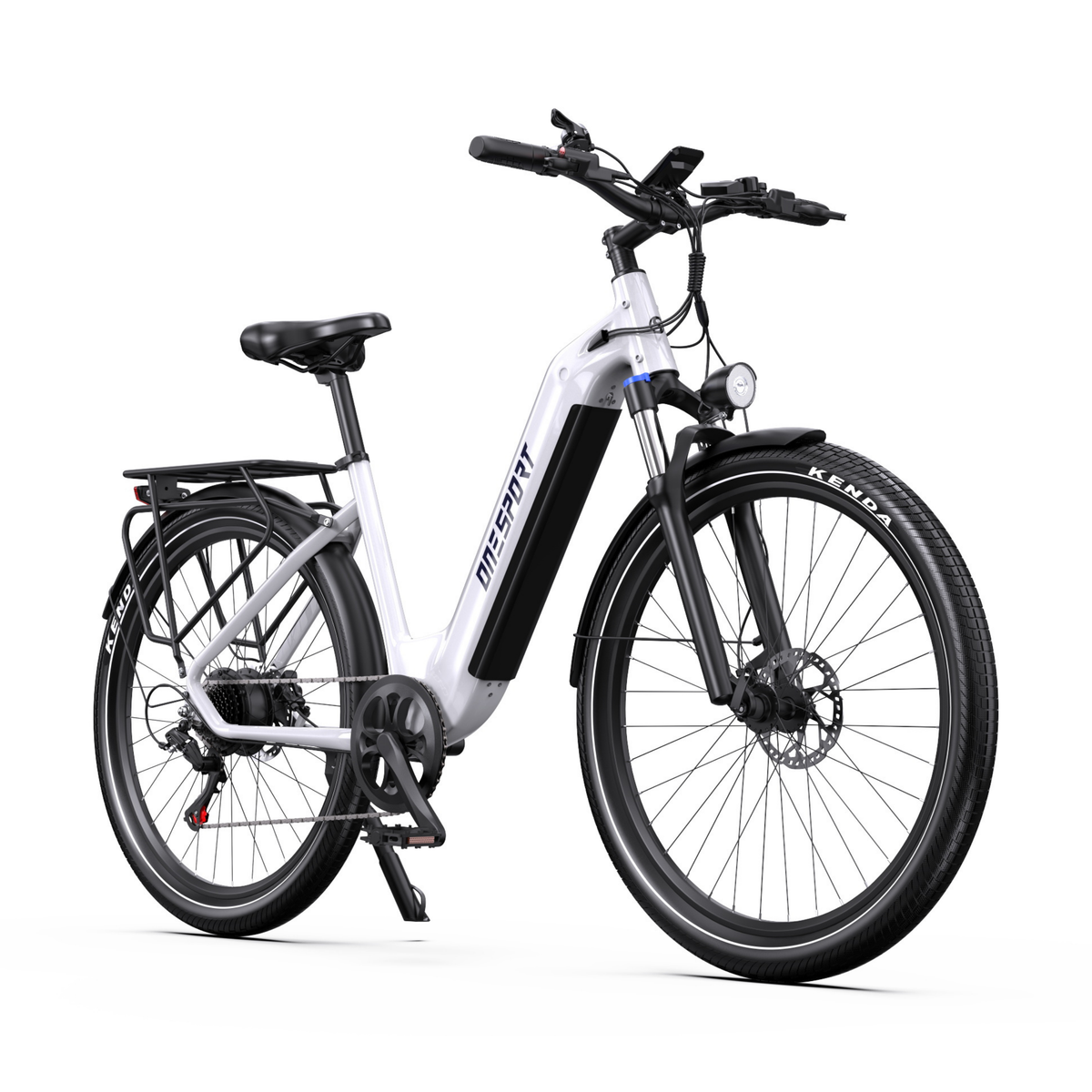OneSport WT05 e-bike, front three-quarter view with white frame, front light and rear rack