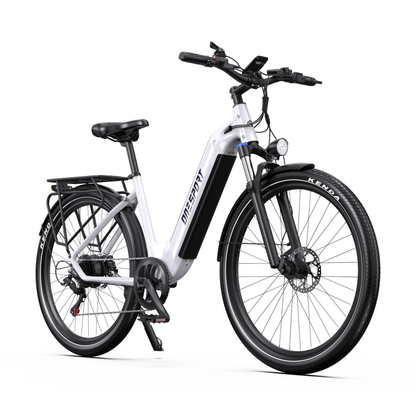 OneSport WT05 e-bike, front three-quarter view with white frame, front light and rear rack