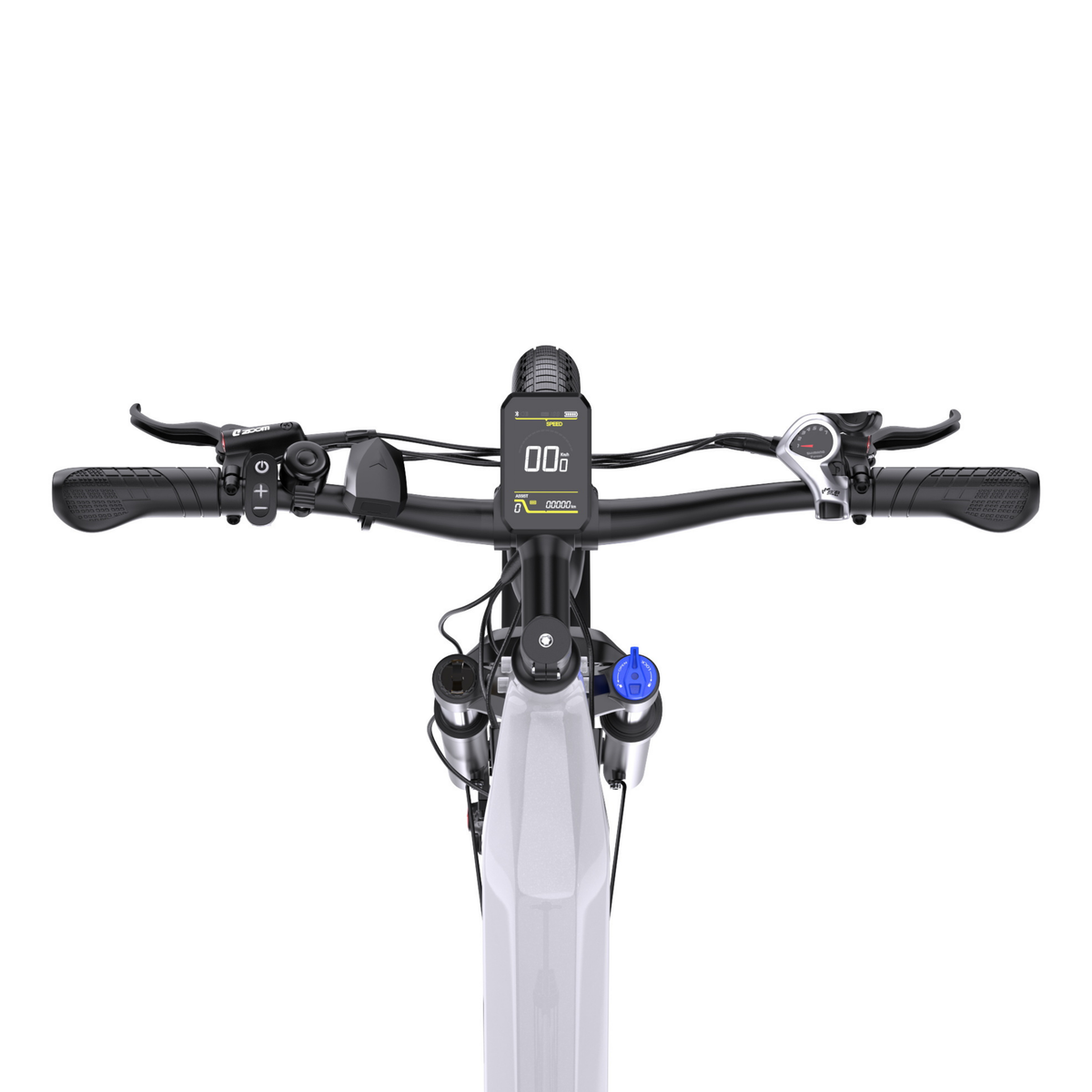 OneSport WT05 handlebar from above with display, grips, brake lever and gear shifter