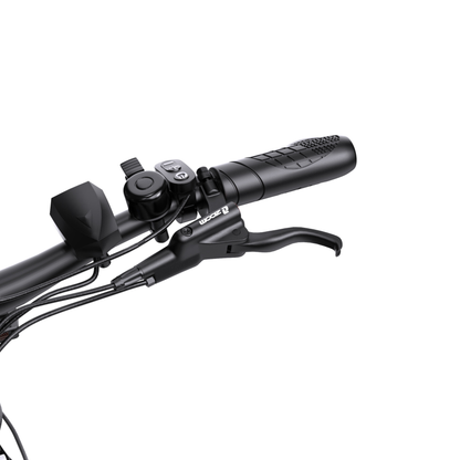 OneSport WT05 close-up of handlebar with grips, brake lever, bell and control buttons