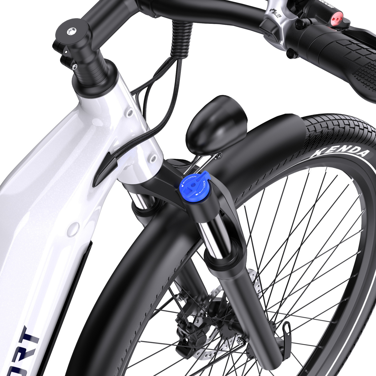 OneSport WT05 front fork with blue control, mudguard and Kenda tyre, seen diagonally from above