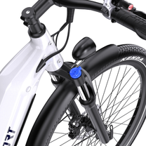 OneSport WT05 front fork with blue control, mudguard and Kenda tyre, seen diagonally from above