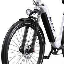OneSport WT05 front wheel with disc brake, fork, mudguard and light, seen from the side
