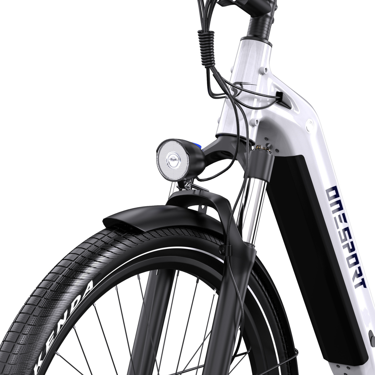 OneSport WT05 close-up of front light, mudguard, suspension fork and white frame with battery section