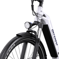 OneSport WT05 close-up of front light, mudguard, suspension fork and white frame with battery section