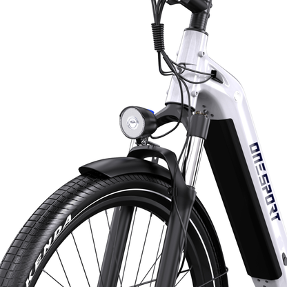 OneSport WT05 close-up of front light, mudguard, suspension fork and white frame with battery section