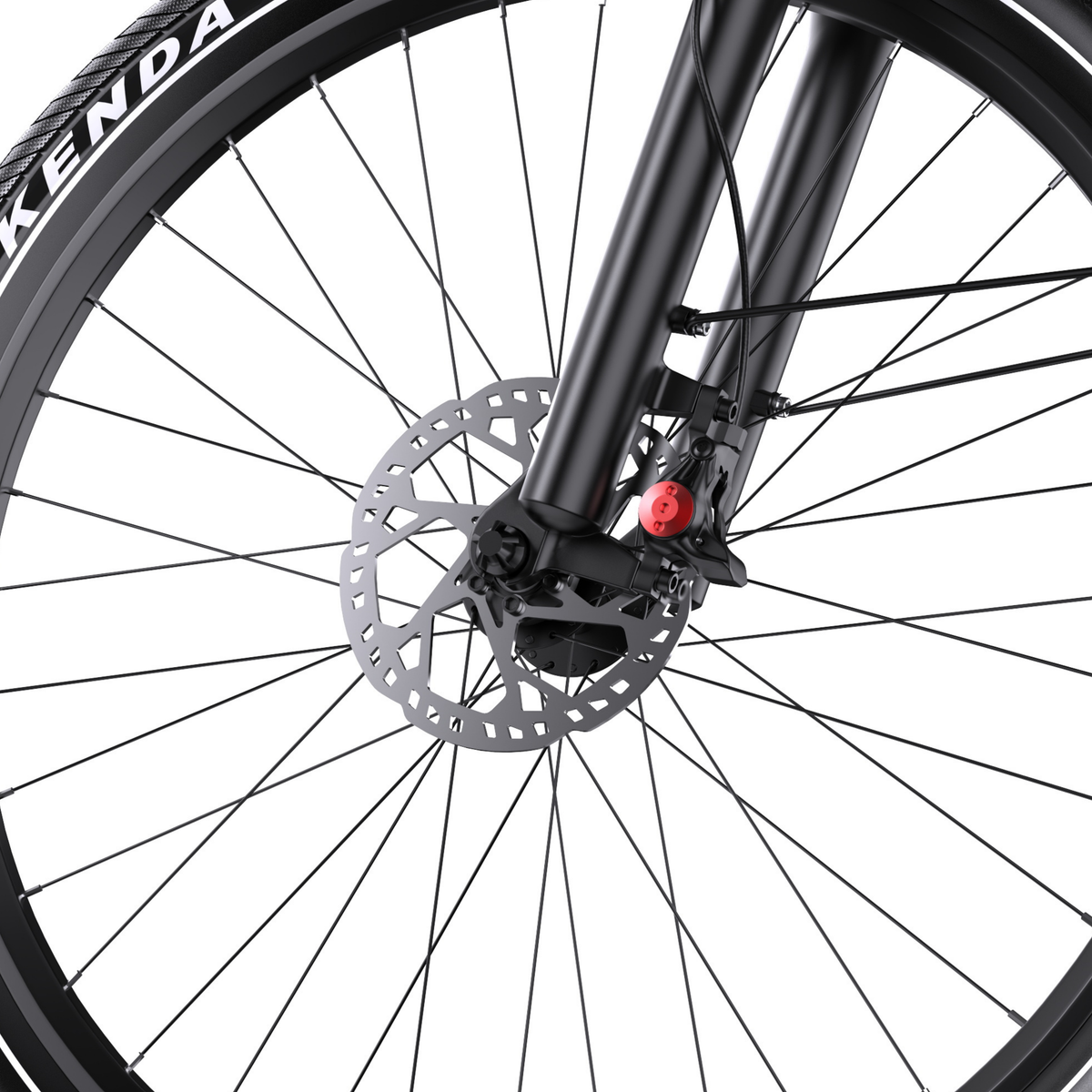 OneSport WT05 front wheel with spokes, disc brake and black fork, close-up