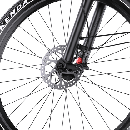 OneSport WT05 front wheel with spokes, disc brake and black fork, close-up