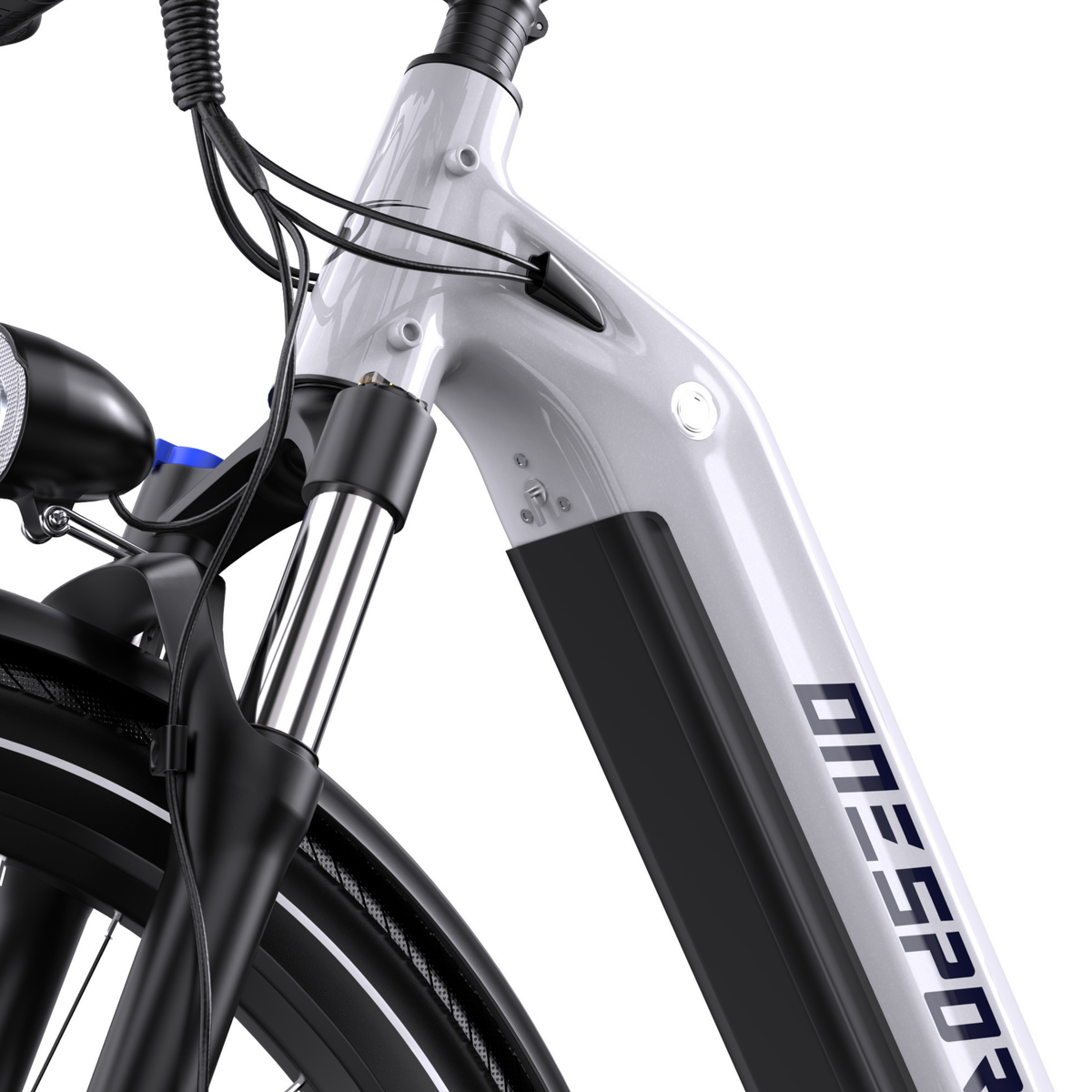 OneSport WT05 close-up of upper frame, cables, front light, suspension fork and black battery section