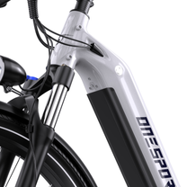 OneSport WT05 close-up of upper frame, cables, front light, suspension fork and black battery section
