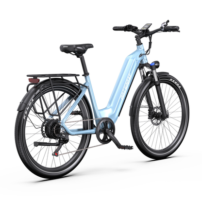 OneSport WT05 e-bike in light blue, seen from the rear right at an angle with display, rear rack, chain and pedal