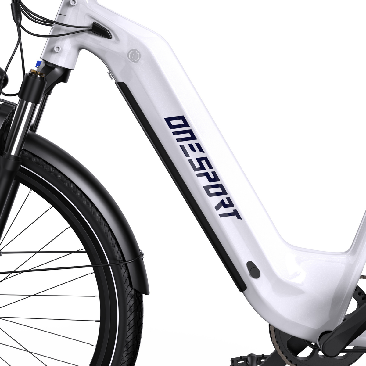 OneSport WT05 side view of white frame with a low step, logo, mudguard and front wheel