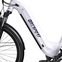 OneSport WT05 side view of white frame with a low step, logo, mudguard and front wheel