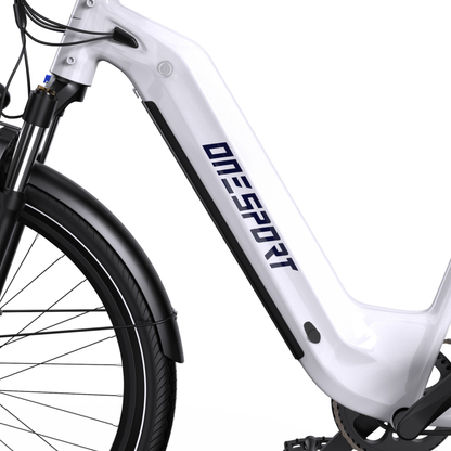 OneSport WT05 side view of white frame with a low step, logo, mudguard and front wheel