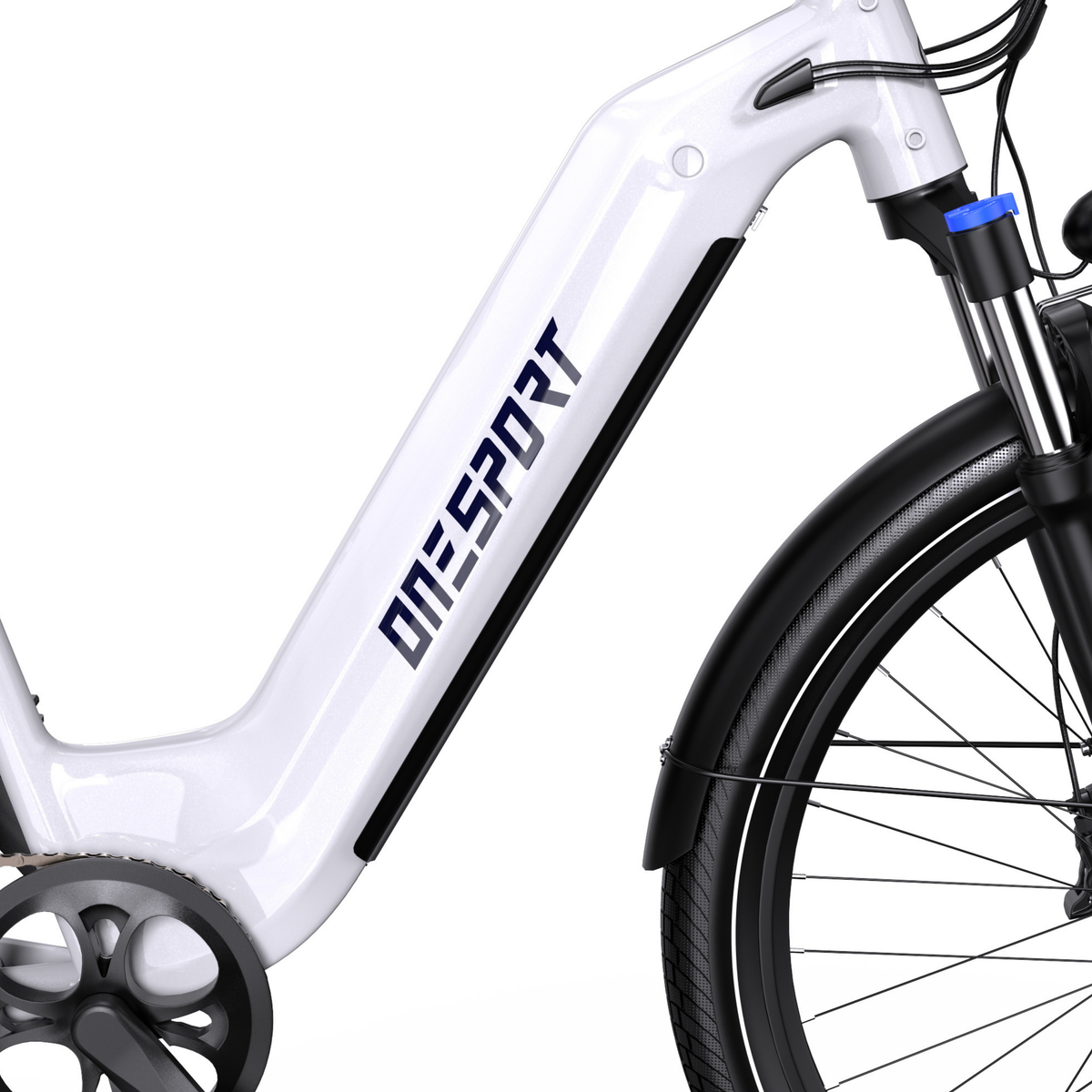 OneSport WT05, close-up of white frame with ONESPORT logo, front fork, black mudguard and front wheel