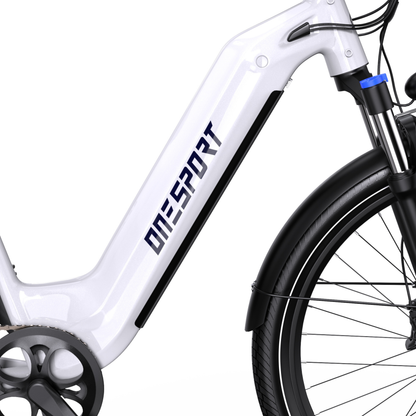 OneSport WT05, close-up of white frame with ONESPORT logo, front fork, black mudguard and front wheel