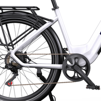 OneSport WT05, close-up of rear frame, rear rack, chain, cassette, chainring and pedal